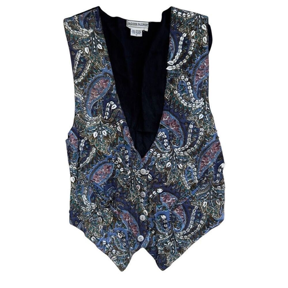 80’s true vintage fashion passport beaded paisley floral black vest sz M